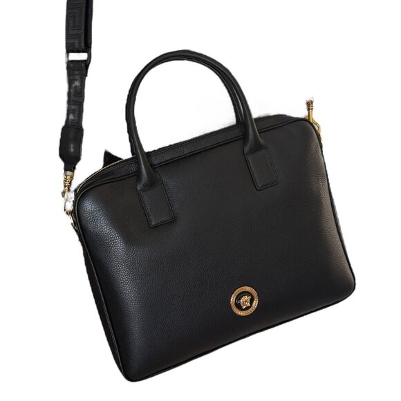 VERSACE 1013360 BLACK LEATHER MEDUSA MEDALION BRIEFCASE MESSENGER SHOULDER BAG - Picture 9 of 15